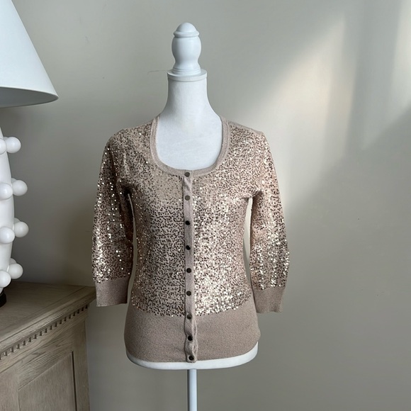 Women’s White House Black Market gold sequin cardigan size XXS holiday - Picture 1 of 7